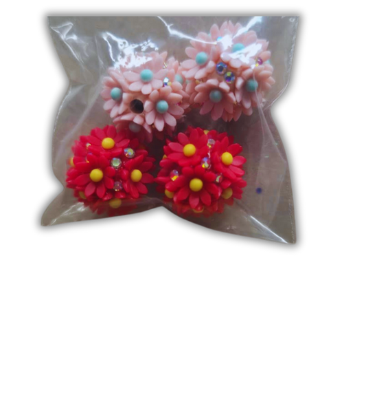red and pink flower beads 4pcs 12mm